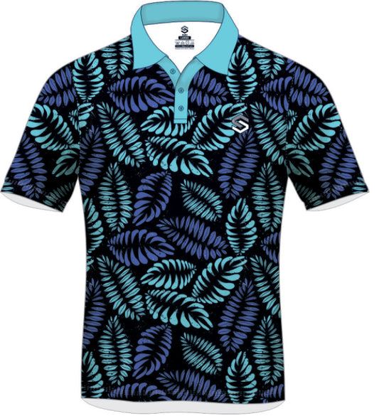 ULTIMATE365 PRINTED MESH POLO SHIRT Blue Leaves Fluorescent